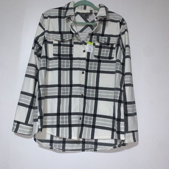 women's soft Eddie Bauer Venture Fleece Button Front Shirt size M Natural Plaid - Picture 2 of 11